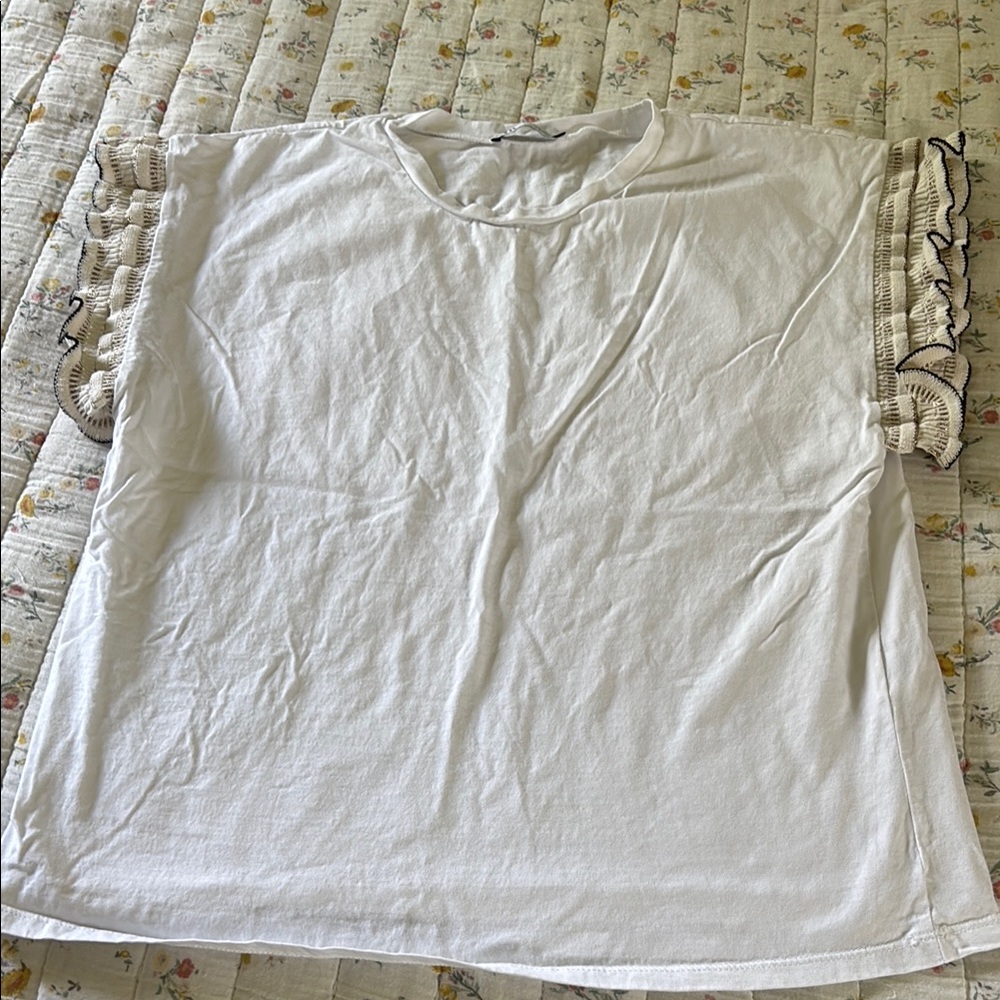 Zara White Ruffled Short Sleeve T-Shirt